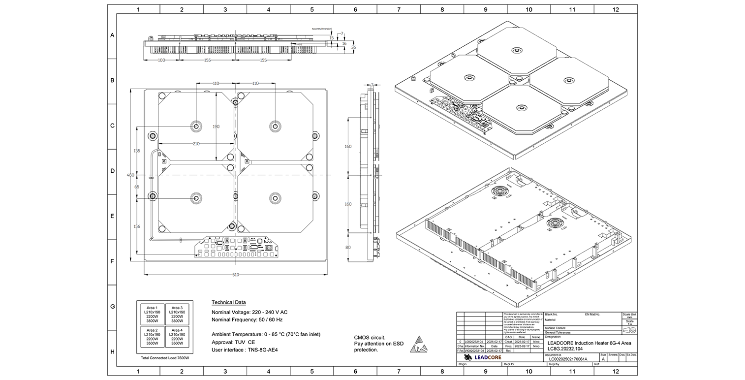 The dimensions diagram of the 4-zone induction module of flex square series
