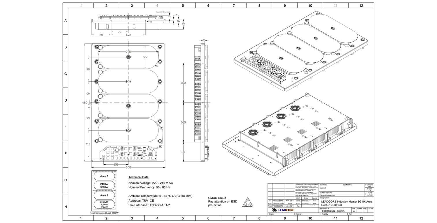 The dimensions diagram of the 2-zone induction module of flex slim series